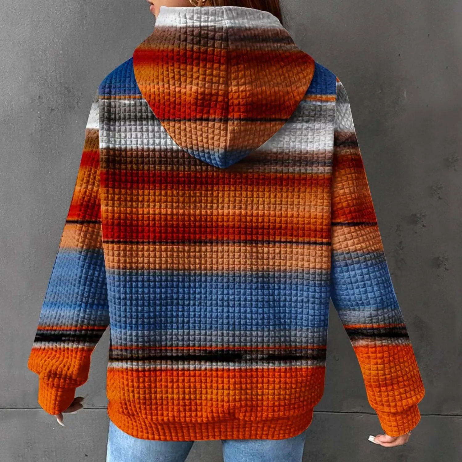Womens Waffle Knit Hoodie Oversized Fashion Multicolored Sweatshirt Casual Drawstring Pullover Tops with Pockets