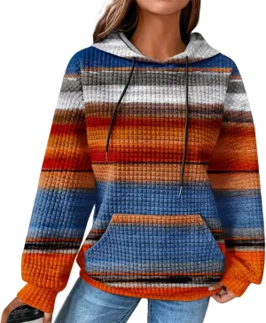 Womens Waffle Knit Hoodie Oversized Fashion Multicolored Sweatshirt Casual Drawstring Pullover Tops with Pockets