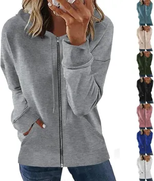 WROLEM Lightweight Full Zipper Sweatshirt Women Plus Size Drawstring Hoodie Coat Oversized Top V Neck Trending Jacket