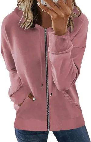 WROLEM Lightweight Full Zipper Sweatshirt Women Plus Size Drawstring Hoodie Coat Oversized Top V Neck Trending Jacket