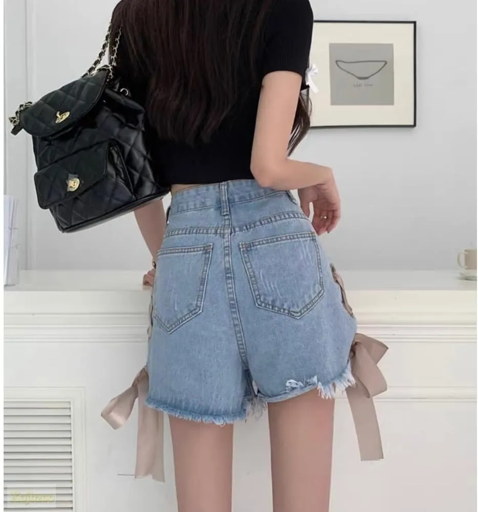 Y2k Women's high Waisted Elastic Denim Shorts Summer A-line Flared Casual hot Pants with Bow tie and Distressed Details