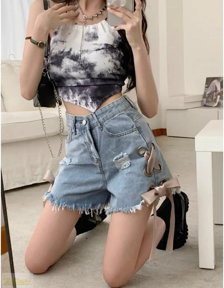 Y2k Women's high Waisted Elastic Denim Shorts Summer A-line Flared Casual hot Pants with Bow tie and Distressed Details