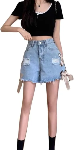 Y2k Women's high Waisted Elastic Denim Shorts Summer A-line Flared Casual hot Pants with Bow tie and Distressed Details