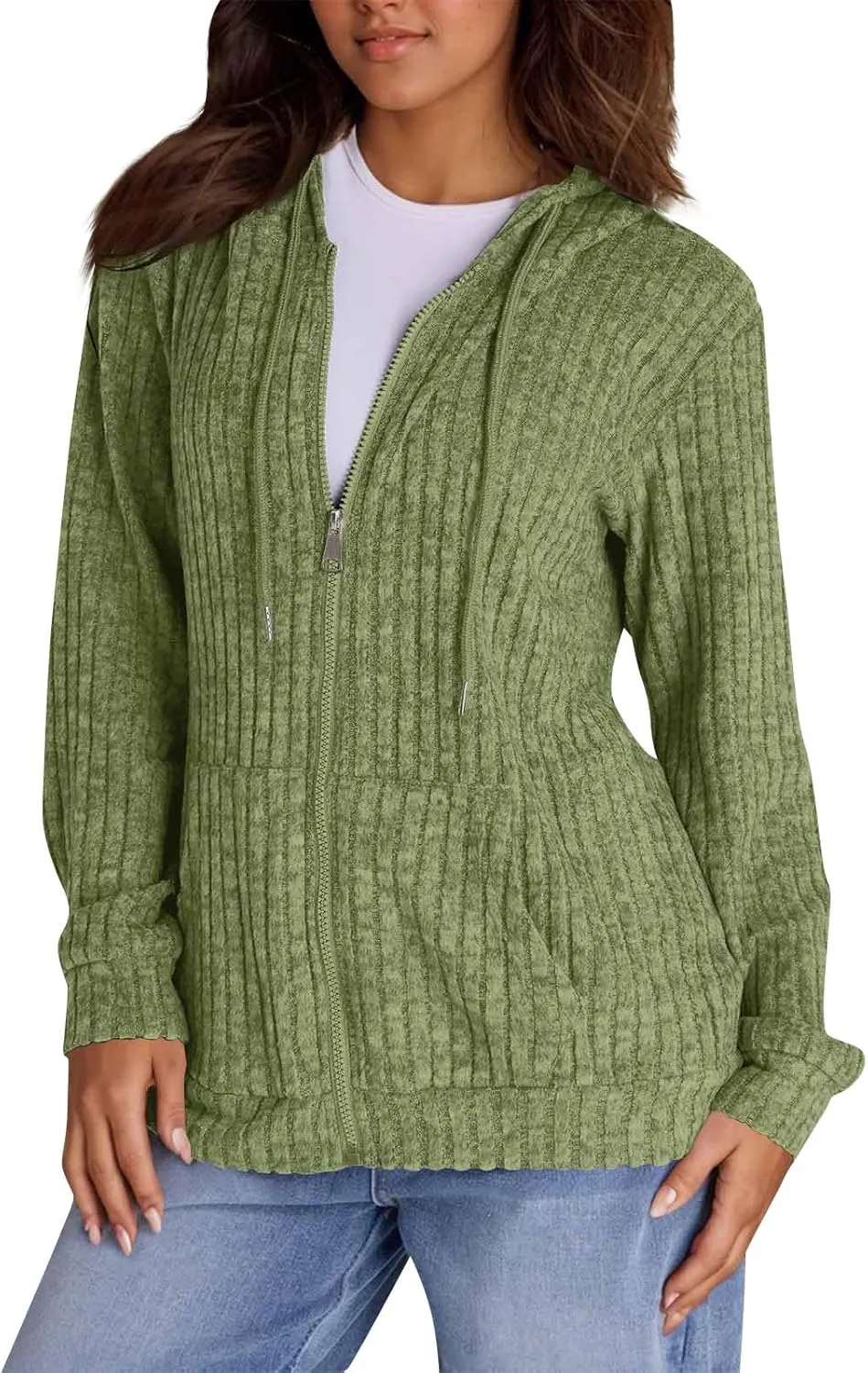 Zip Up Hoodie Women Knitted Lightweight Sweaters Workout Oversized Sweatshirt Open Front Cardigan with Pockets
